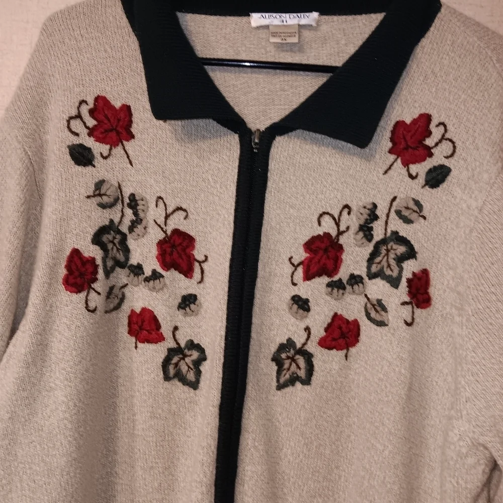 VTG Allison Daley Petite Cardigan Sweater Women's Sz 3X Autumn Leaf Embroidered
